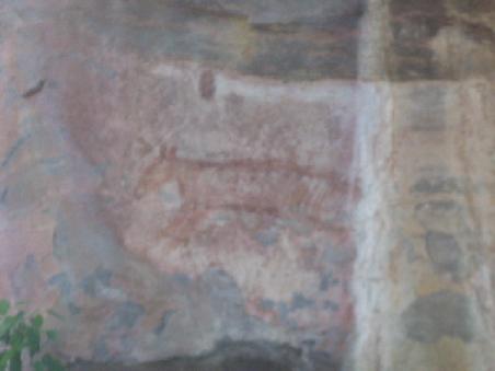 Hier ist ein tasmanischer Tiger zu erkennen. Diese sind seit ca. 1950 ausgestorben. Der letzte ist im Londoner Zoo um diese Zeit gestorben. Diese Rock Art ist allerdings schon wesentlich aelter.
