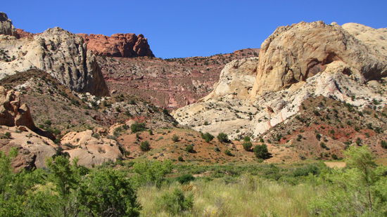 Durch diese rote Felswand führte der Trail in Serpentinen nach unten.