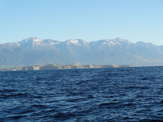 Der Blick vom Boot auf die Küste, mit Berggipfeln im Schnee
