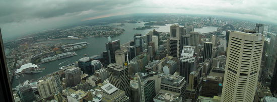 Sydney Tower - links ist der Darling Harbour, rechts kann man die Habour Bridge erkennen
