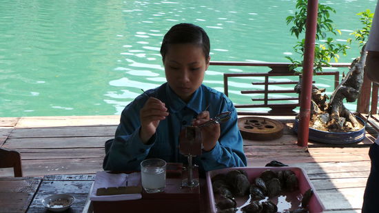 bei einer Perlenfarm - diese Frau öffnet dort die Austern!
