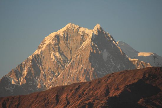 Mt. Machhapuchare ("Fishtail") in der untergehenden Sonne in Ghorepani
