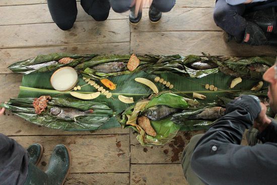 Nach einem anstrengenden Trek durch den Dschungel dürfen wir mit den Leuten aus dem Dorf zusammen am gemeinsamen Bananenblatt sitzen und essen. Tisch und Service waren am Vortag leider geklaut worden...also Essen Dschungelstyle!