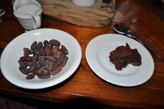 von den gerösteten Kakaobohnen zum gebackenen Brownie (im Hintergrund die bittere 100% Kakaomasse)