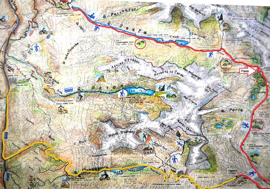 rote Linie: Santa-Cruz Route
orange Linie: Rückweg mit dem Kollektivbus