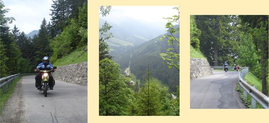 Links:    Stoney unter Volllast
Mitte:    Blick von der Paßstraße auf die Paßstraße
Rechts:  Straßenzustand 