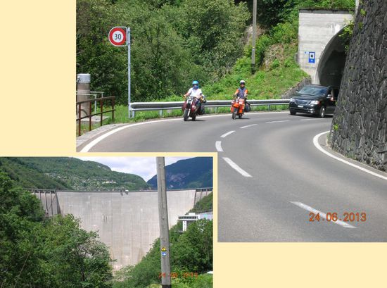 Rückfahrt aus den Verzasca Tal. 
Beeindruckende Staumauer am Ende des Tals.