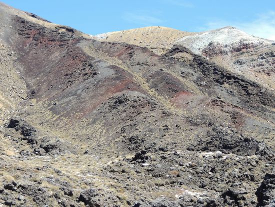 Beim Abstieg sind deutlich die Lava-Ströme des Mt Tongariro erkennbar.