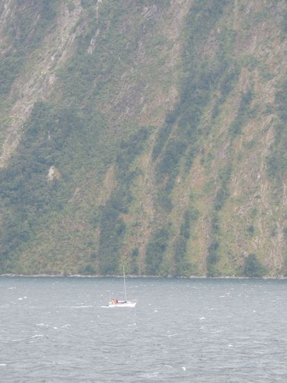 Es handelt sich hier um eine 21 Fuß lange Yacht, allerdings vor den steilen Felsen des Milford Sound kann man die Größenverhältnisse kaum einschätzen.