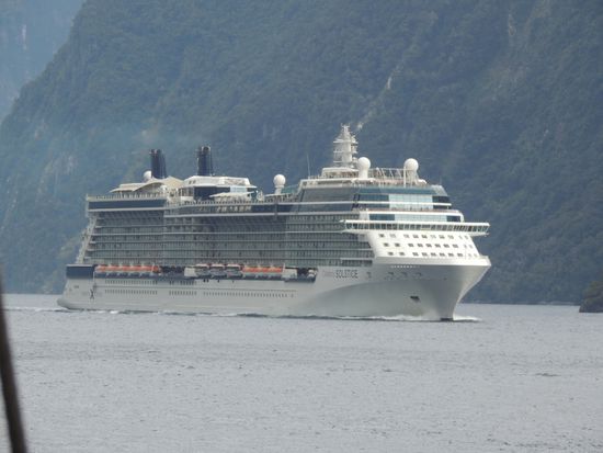 Dieses Hochseekreuzfahrtschiff ankerte im Milford Sound. Es war sehr groß und sehr imposant, wir mußten recht weit ausweichen, als es den Fjord verließ ...
