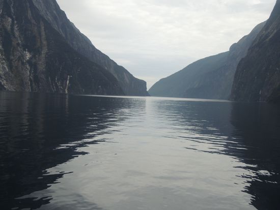 Ein Mal noch ein Blick zurück in den Milford Sound. Er verabschiedet sich mit spiegelglatter Wasseroberfläche von uns.