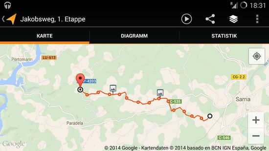 Marschstrecke 1. Etappe von Barbadelo nach Moimentos