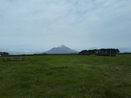 Mount Taranaki wolkenlos in der Ferne ...