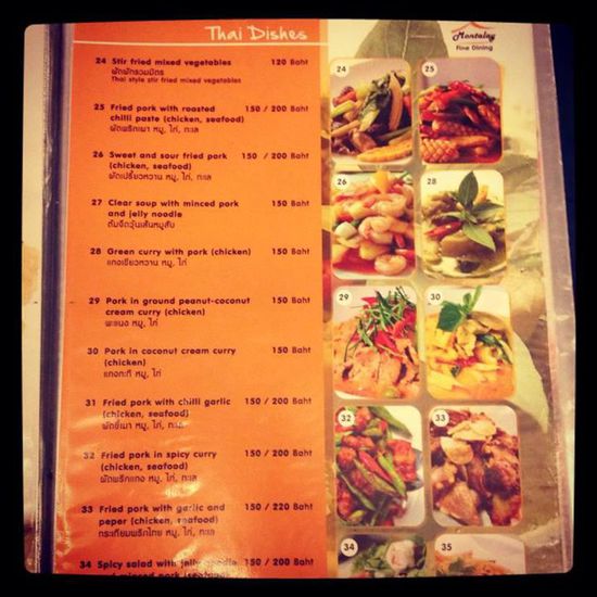 Teil der Speisekarte im Montalay Beach Resort - alles super lecker und preislich gut für die Portionen.