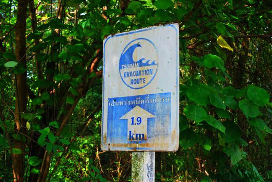 Mit diesen Schildern wird die Evacuation Rout gekennzeichnet