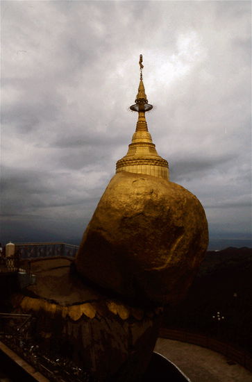 Eines der Haupttouristenattraktionen ist der GOLDEN ROCK auf einer Bergspitze über dem Ort Kyaikto. (Ein mit     
Blattgold überhäufter Felsen) Dies ist eine der Hauptpilgerstätten in Burma , da in dem Fels angeblich ein Haar   
Buddhas ist, der den Fels vorm Absturz schützt.                                                                  
Wie in Burma so üblich sammeln sich Souvenirbuden vor der Sehenswürdigkeit. An diesen werden an die Pilger und Touristen allerhand "Medizin" und "Glücksbringer" verkauft. Unteranderem abgehackte Ziegenköpfe und -zehen und eben auch Bärentatzen. Über der ein oder anderen Schüssel hängt ein abgehackter Bärenkopf, der ausblutet, damit die Pilger das heilende Blut daraus trinken können, wenn sie sich dieses Vergnügen leisten können. Der ein- oder andere Tourist zahlt auch mal 1, 2 Dollar um ein Foto davon machen zu dürfen.                                                                                                          
Von diesen kleinen Bären gibt es nicht mehr besonders viele, aber die erfahrenen Jäger, die diese "Shops" beliefern, finden auch noch die übrigen.                                                                                                                                                                                          Die Jagd dieser Tiere ist zwar gesetzlich verboten, aber keiner hindert die Verkäufer daran, diese perversen Angebote auf den Markt zu bringen.  Nach meiner Abreise aus Burma kontaktierte ich verschiedene Tierschutzorganisationen, aber keine fühlte sich zuständig, etwas zu unternehmen...
-------------
Auf dem Weg zu dem Golden Rock musste ich auf die Rückseite eines umgebauten Lasters steigen (zusammen mit vielen Pilgern) und bevor der Fahrer den Laster bestieg, fing dieser plötzlich an, rückwärts den Berg hinunterzurollen. Panik machte sich breit und die ersten Leute sprangen ab. Der Laster beschleunigte und war kurz davor in ein hölzernes Restaurant am Fusse des Bergs zu knallen, als einer der Pilger in das Fahrerhaus gelangte und die Handbremse zog...wie im Action-Film!