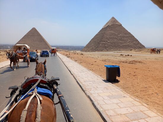 Bei der Hitze im August empfiehlt es sich doch, evtl. eine Kutsche zu den Pyramiden zu nehmen, da man da einen Sonnenschutz hat.