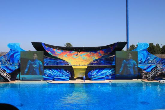 Dann dürfen wir weiter auf die großen Zuschauertribüne.
Da wir eine der ersten sind die ins Stadion gehen, bekommen wir einen Platz im Schatten und ausserhalb der Soak-Zone.
Das sind die Plätze wo man nicht nur ein bisschen nass, sondern absolut triefend nass wird.