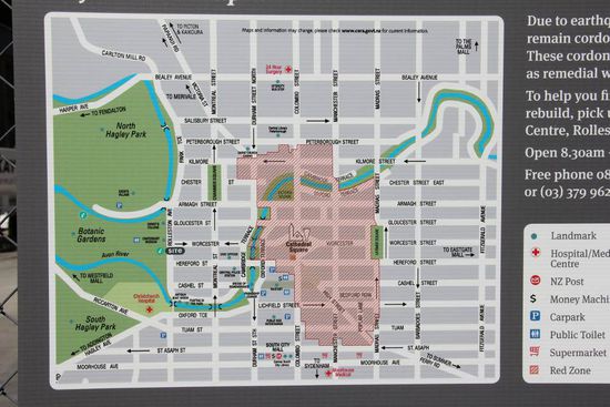 der rote Bereich: der Stadtkern. Die "Red Zone", Betreten verboten.