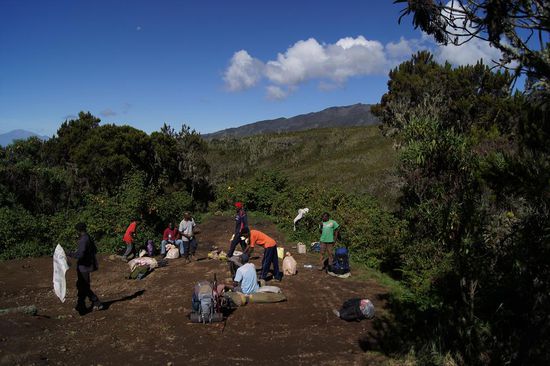 Die Traeger buaen die Zelte ab, sie werden uns spaeter am Berg ueberholen