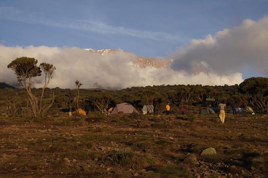 Kurz lichtet sich die Wolkendecke und gibt den Blick frei zum jetzt schn viel naeher wirkenden Gipfel mit dem ewigen Schnee. Aber was heisst ewig? Bis 2050 soll es keinen Schnee am Kilimanjaro mehr geben...