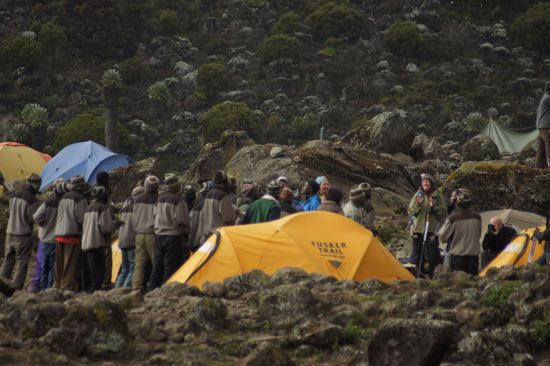 Eine amerikanische Truppe wird von ihren Trägern mit einem Lied begrüßt