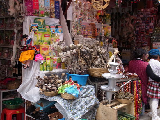 Hexenmarktstand mit getrockneten Lamaföten, die unter den Türschwellen neuer Häuser vergraben werden.
Das vertreibt böse Geister und bringt Glück.