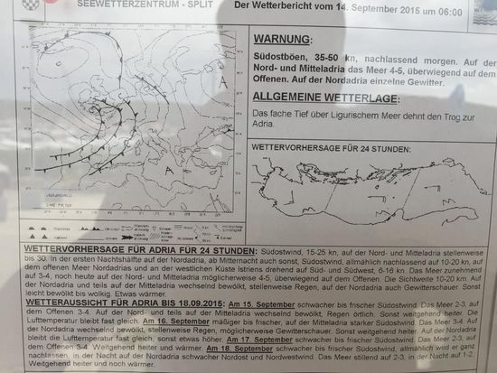 Der aushängende Wetterbericht des vergangenen Tages sagt, es waren Böen von 35 bis 50kn.