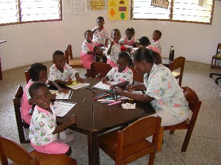 Malübungen in der Sunflower Group mit "Mama Julie", der Kindergärtnerin. Die Gruppenräume sind alle rund.