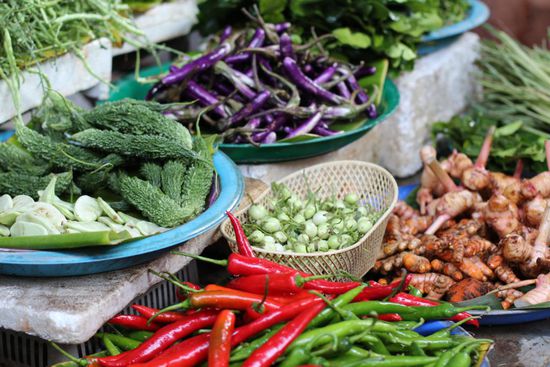 Beim Einkaufen auf dem Markt für die Aktivität Kochkurs.