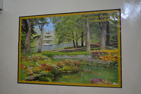 Per Flugzeug ging es dann weiter in die 16-Mio. Metropole Delhi. Die Stadt ist aeusserst hektisch und zum Teil ziemlich dreckig. Wegen dem vielen Smog sieht man die Sonne kaum und es brennen einem die Augen. Das Bild in meinem Hotel bzw. meiner Absteige fand ich deshalb etwas ironisch: "Life is a journey. It's best lived in harmony with Nature".
In Dehli besuchte ich meine Ex-Arbeitskollegin Esther, die hier fuer knapp zwei Monate einen Praktikums- und Schulaufenthalt macht.