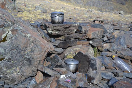 Williams kocht Nachtessen. Ich erkunde die Gegend und esse reichlich Kokablätter, denn die sollen helfen, die dünne Luft in dieser Höhe besser zu ertragen.