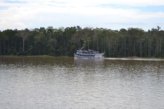 Im Gegensatz zu unserem Kahn fährt das Schiff auf dem Foto gegen den Strom und deshalb in Ufernähe, wo die Strömung deutlich schwächer ist.