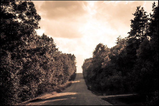 Da wir nicht mehr zurück in den Wald wollen, hoffen wir, uns auf einer etwas größeren Straße besser orientieren zu können und auch schneller vorwärts zu kommen. Doch da haben wir die Rechnung ohne den Wirt gemacht und landen auf einer "Panzerstraße". Die hat querverlaufende Rillen und ist mit Schotter bedeckt. So benötigen wir für 9km auf dieser mörderischen Strecke fast eine halbe Stunde.
Diesmal ist Heike fix und fertig mit den Nerven. Wir haben auch niemals gedacht für diesen klein angedachten Nachmittagsausflug so lange umherzufahren.