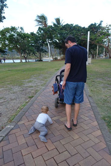 Emil krabbelt den Beachwalk in Airlie Beach entlang und trifft neue Freunde