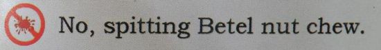 Waere das schoen wenn sich da jemand dran halten wuerde. Ich finde diese ganze Betelnussrotzerei echt wiederlich. Zur Kroenung hat mir ein Typ bei der Nachtbusfahrt sein Betelnussrotzauffangplastiktuetchen komplett ueber die Klamotten gekippt 