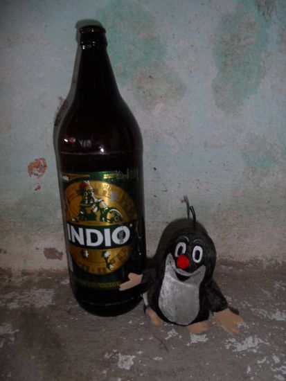 Der Maulwurf und sein Feierabendbier - ganz schoen ordentliches Format fuer den Kleinen (Die 1,2L Flaschen - da ist Faxe ein Witz - heissen hier Caguama)