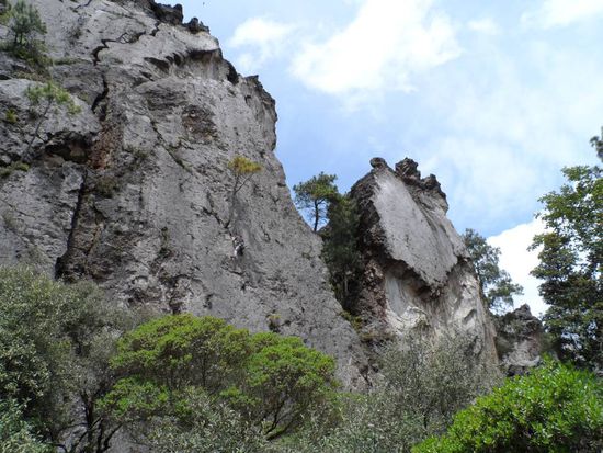 Kurze Schrecksekunde vor dem Ende des "leichten" Teils. An einer etwas kniffligen Stelle habe ich ploetzlich ein ca. 20cm grosses Felsstueck in der Hand und ein paar kleinere Brocken machen sich auf den Weg nach unten. Mein Spanisch ist Gott sei Dank mittlerweile gut genug das ich intuitiv "roca" (Fels) rufe. Aber wie der Koelner sagt: Et haett noch immer jot jejange  Tja das Risiko gehoert am Felsen leider dazu.