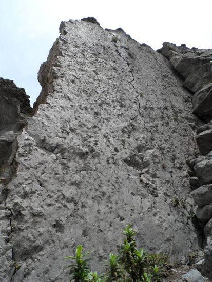 dritte Route - der gleiche Fels wie beim letzten Mal. Diesmal aber statt der Kante links, der rechte Riss (UIAA 7-) und zwar klassisch. D.h. ohne Borhaken, gesichert wird nur mit Bandschlingen, Friends, Klemmkeilen etc.