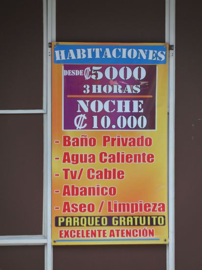 Das nenne ich mal ein Angebot. 5000C (10$) fuer 3 Stunden oder man kann das Zimmer sogar fuer die ganze Nacht mieten 