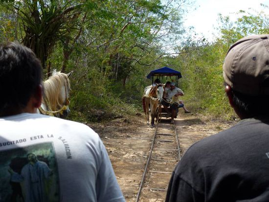 Bei Gegenverkehr muss das Pferd abgespannt und der Wagen von den Gleisen getragen werden.