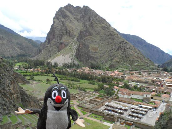 Ausblick auf den Ort und weitere Inkaruinen am Berg gegenueber