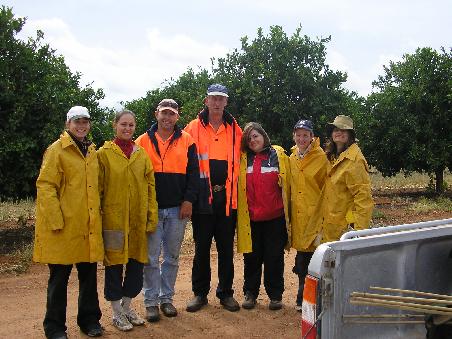 An einem regnerischem Tag bekamen wir alle diese wunderschoenen Raincoats. Die sind echt super lassen keinen Wind und Regen durch sind allerdings so gross, dass man sich nur schwer bewegen kann. (v.l. Ich, Jessica, Ashley, Jako (supervisor in den letzten drei Wochen), Heide, Una und Loren)