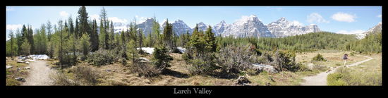 Larch Valley im Panorama Blick, im Hintergrund "The Valley of Ten Peaks"