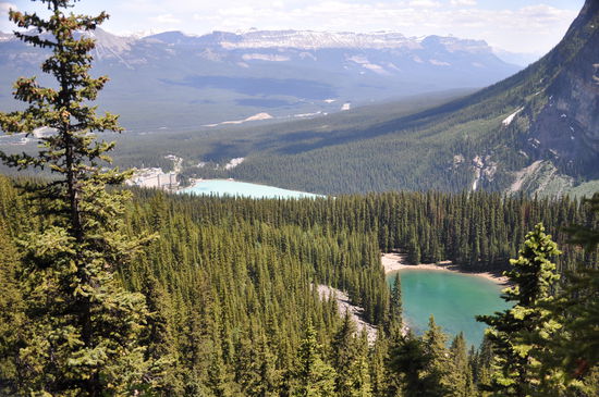 Blick vom little Beehive auf Lake Louise und Mirror Lake