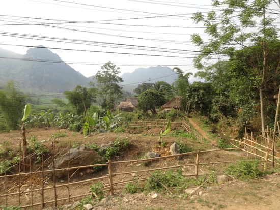 Versuch eines der kleinen Bambushüttendörfer am Wegrand zu fotografieren. Wie man sieht, ist es fast unmöglich den Kabelsalat, der entlang der Strasse befestigt war, nicht auf seinem Foto zu haben.