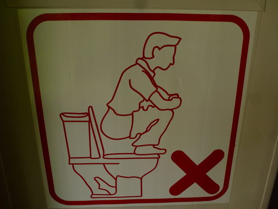 Kein Scherz!!! Hinweisschild, das man westliche Toiletten nicht wie aisiatische Hockklos benutzen soll! Wirklich kein Scherz!!!