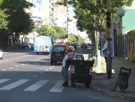 Als ich das Bild machte lehnt er sich, wie zu sehen, leger an die Mülltonne. Sekunden vorher hatte er diese noch nach brauchbarem durchwühlt.