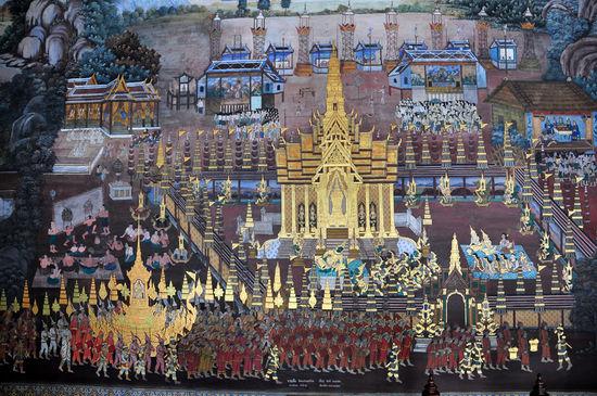 Solche tolle Wandbilder überziehen den ganzen Wandelgang der den Tempel umgibt.