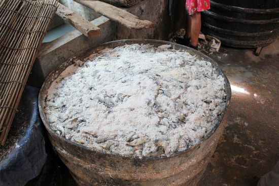 Mit Salz eingelegter Fisch. Auf dem Fischmarkt werden die Fische verarbeitet und verkauft (In Salz eingelegter Fisch und Trokenfisch). Der Geruch war dem entsprechend